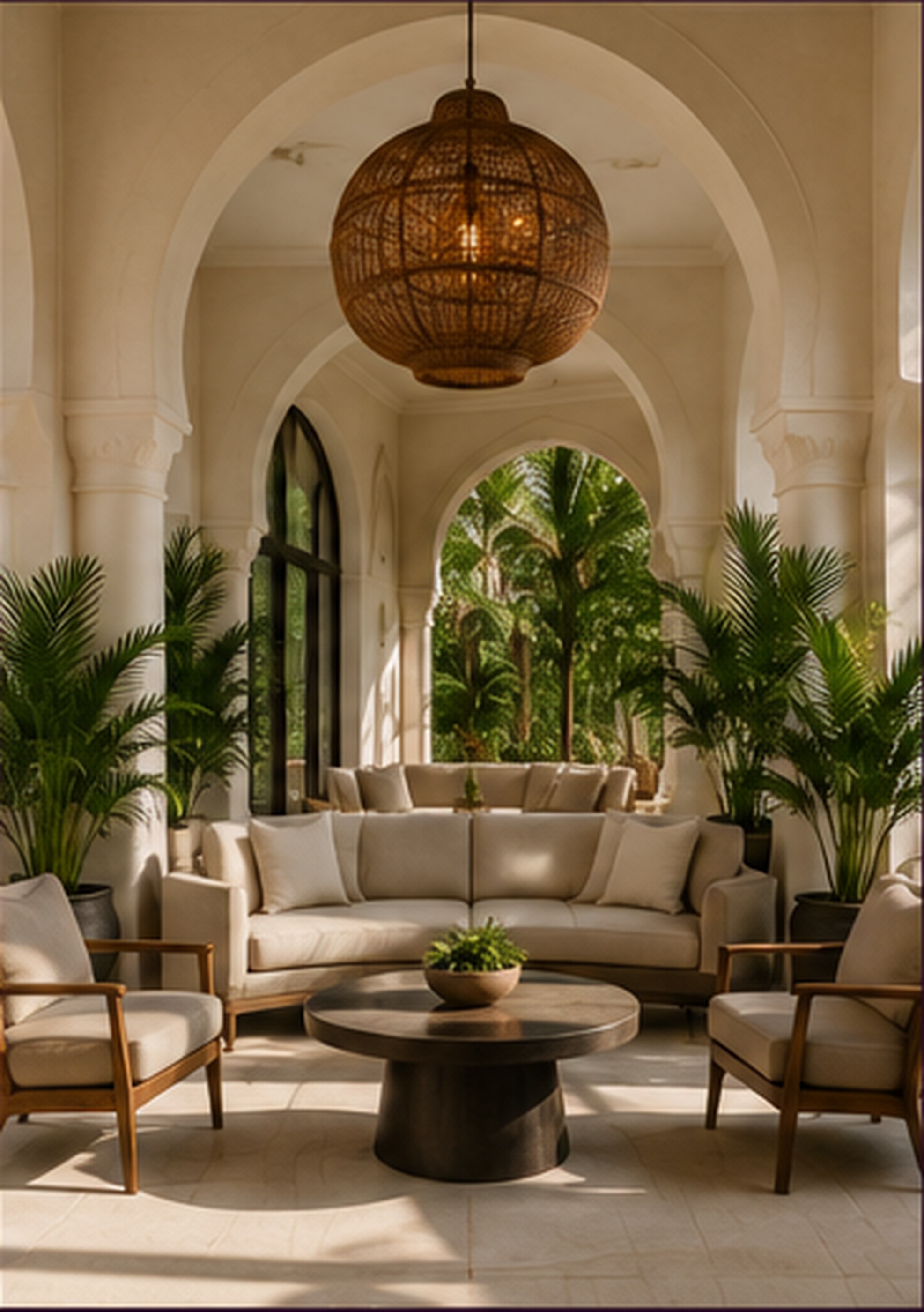 Colonnaded resort lounge with a woven pendant light and jungle view