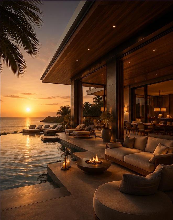 Open-air luxury pool villa terrace at golden hour with a fire bowl and lounge seating