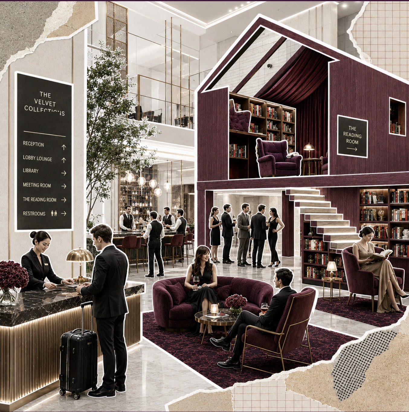 A collaged view of The Velvet Collections lobby, reception desk, bar, and reading room library lounge with staircase