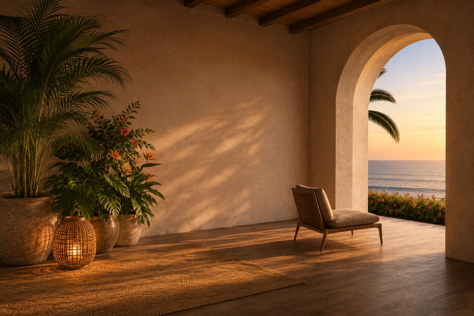 Warm terracotta terrace with a lounge chair opening onto an archway with an ocean sunset view