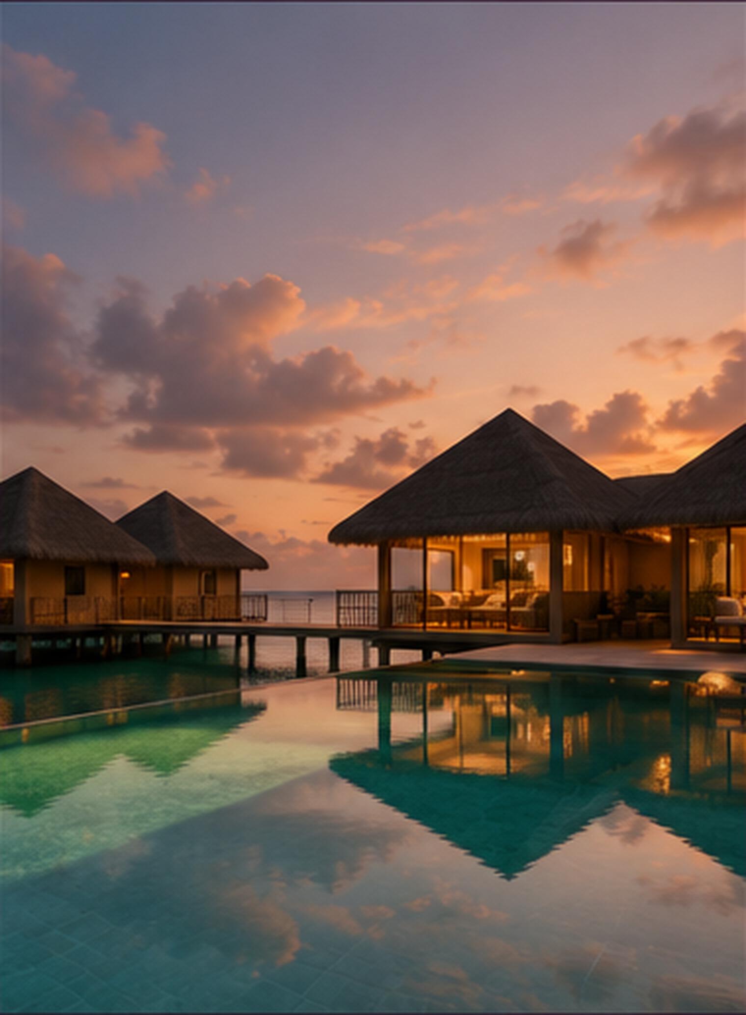 Overwater villas glowing at dusk